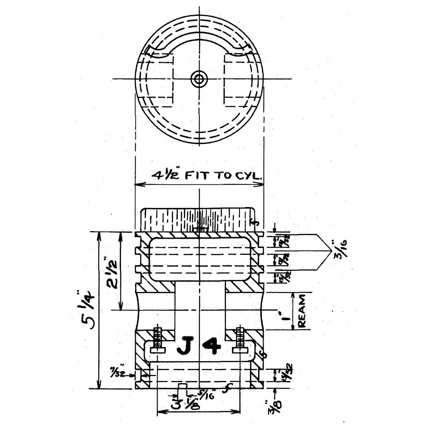 Original detail drawing of the Atlantic piston. The curved fin on the piston crown helps separate the entering air-fuel mixture from the exiting exhaust fumes.